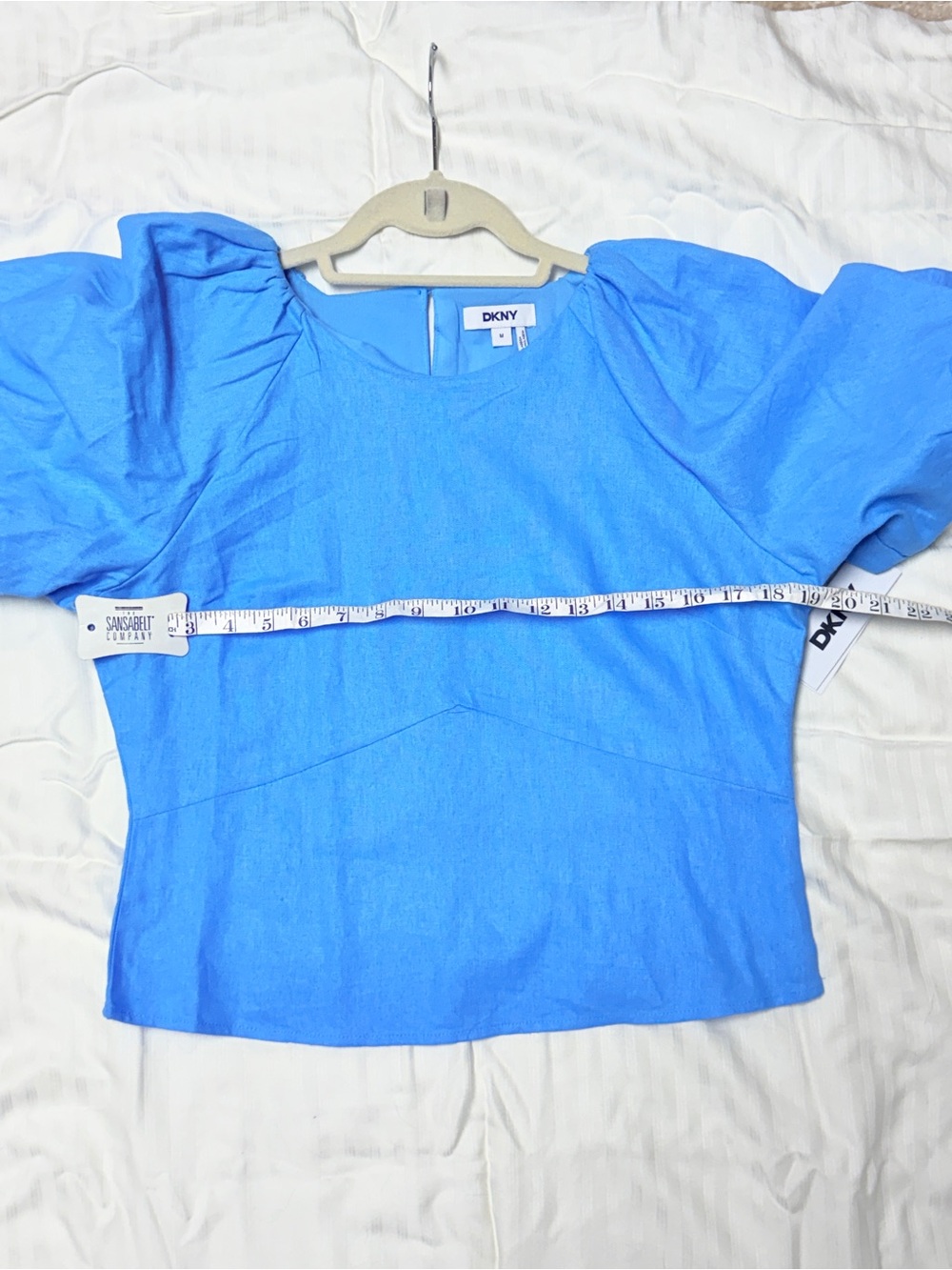 DKNY linen blend Puff Sleeve Blouse in Pool Blue - Picture 4 of 7